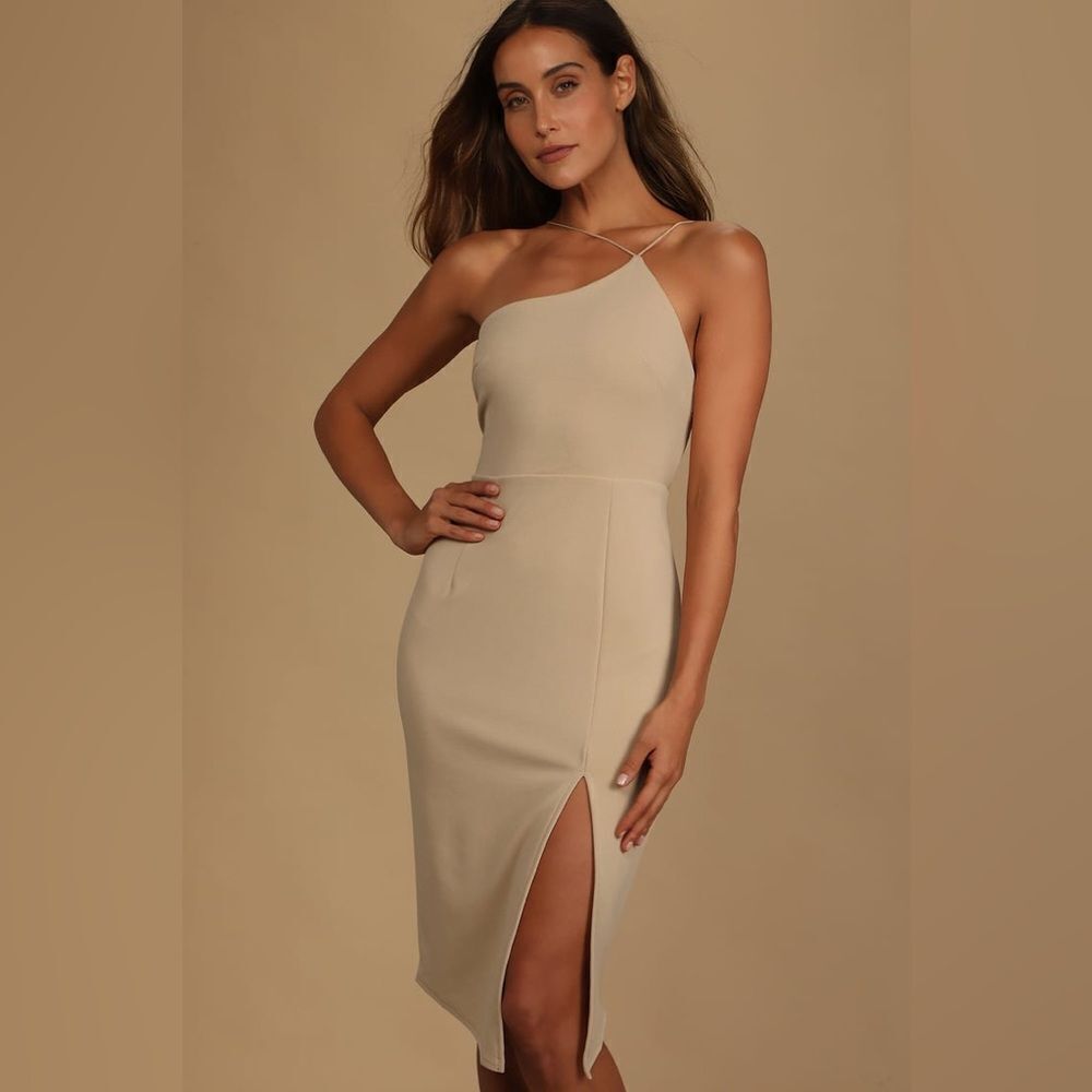 Lulu’s Happiest Hour Beige Asymmetrical Bodycon Midi Dress